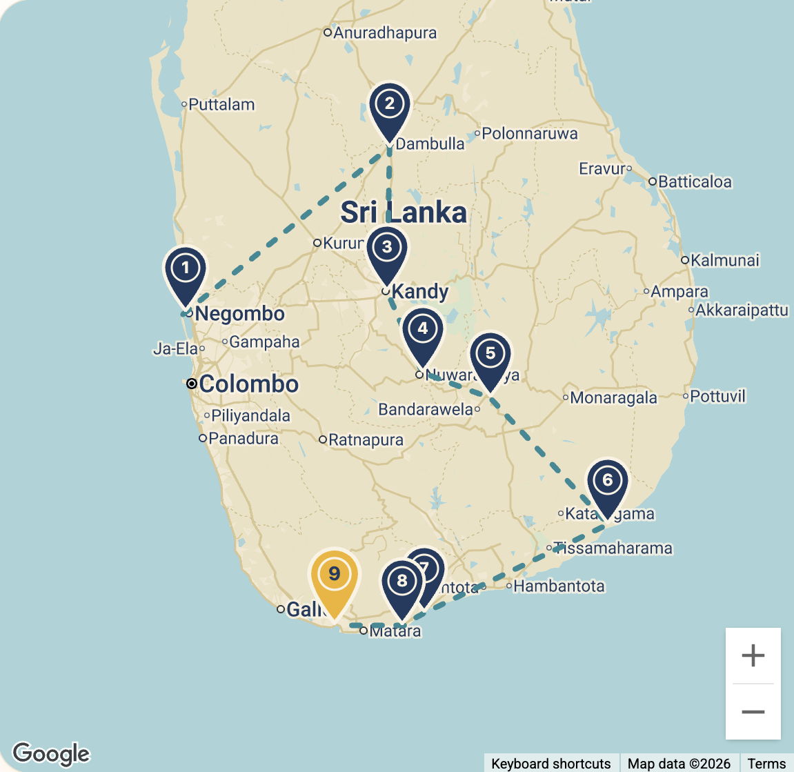 Map of the Tuk Tuk Run route across Sri Lanka with 9 stops