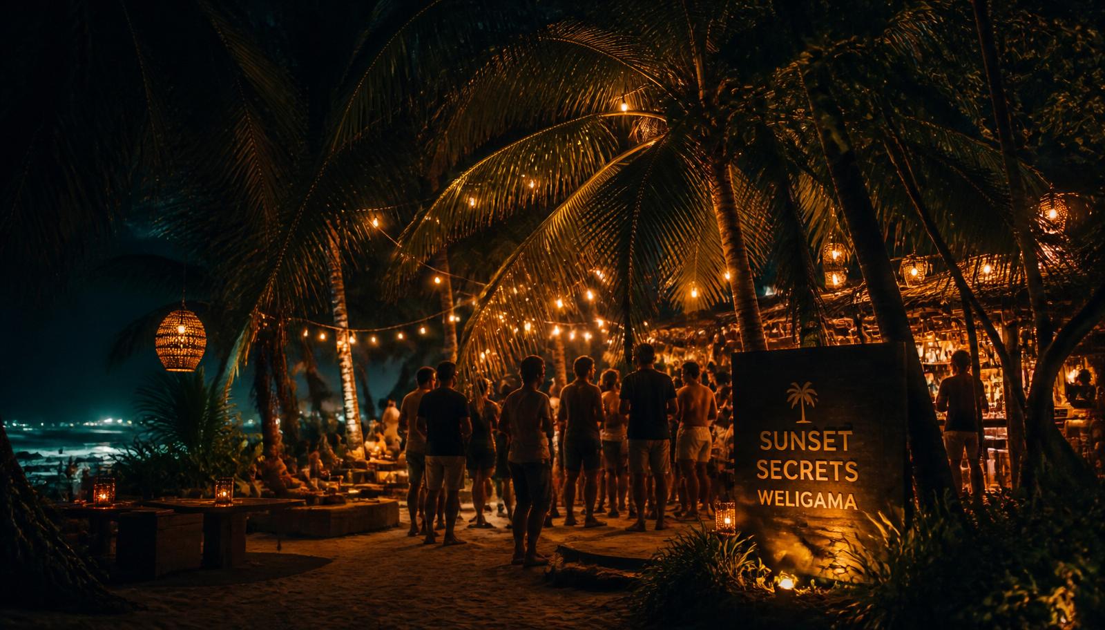 Secret jungle beach bar at night in Weligama