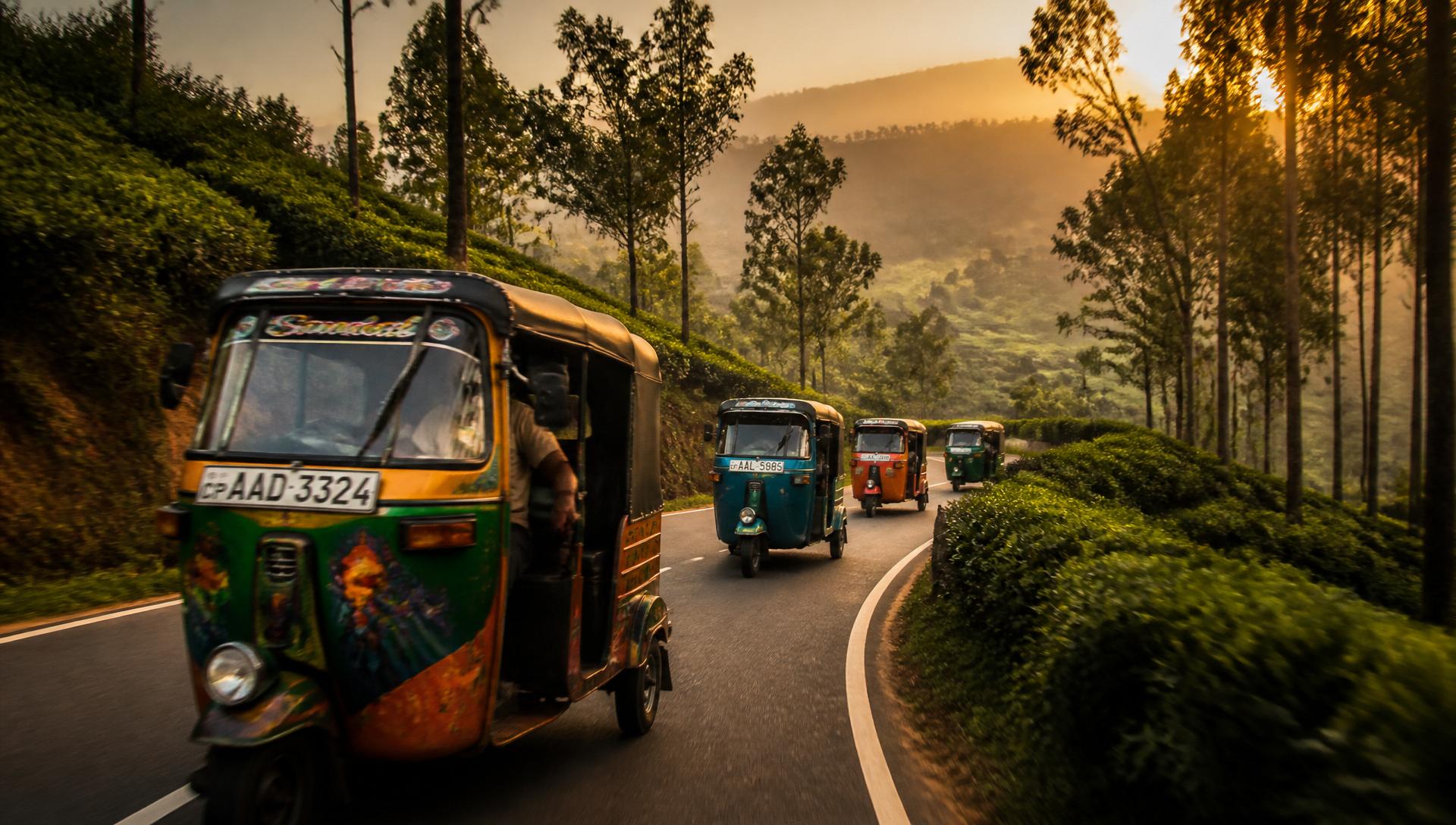 Tuk-tuk convoy on a misty Sri Lankan mountain road at golden hour